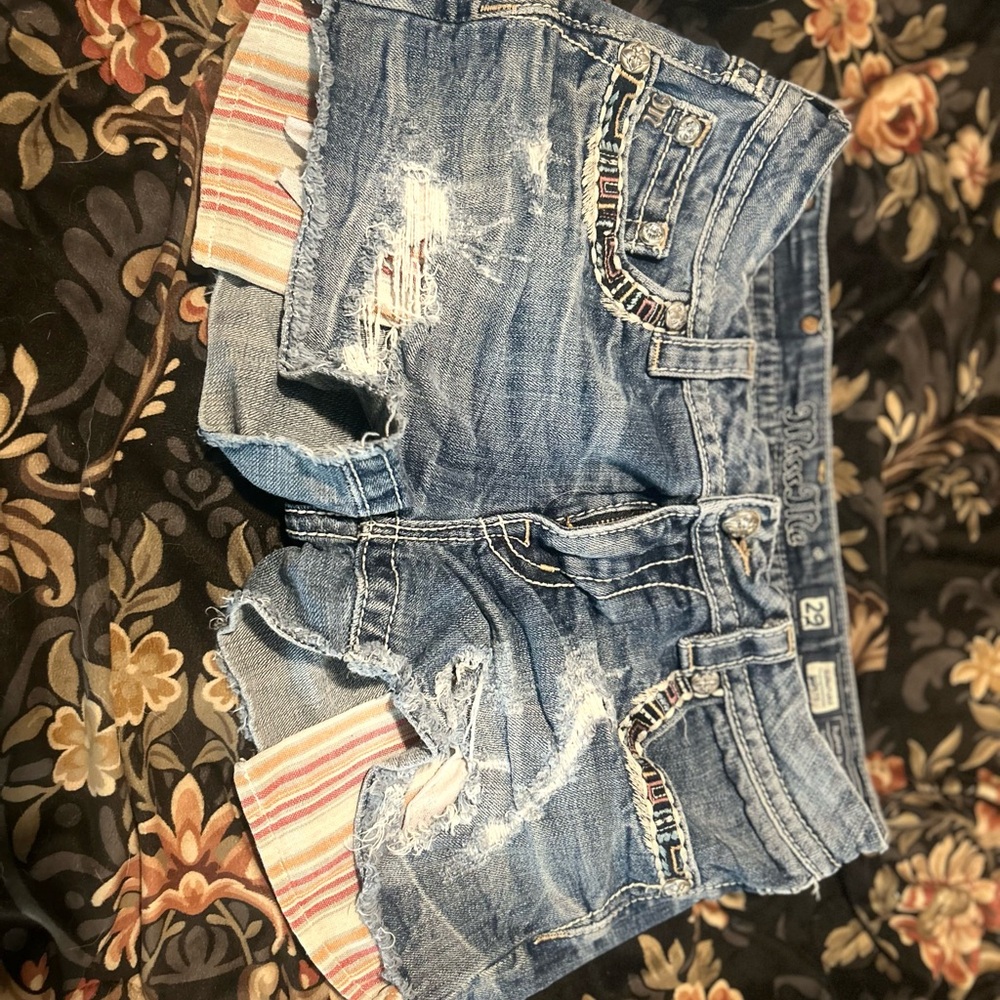 Miss Me Blue and Pink Jean Shorts with Distressing and Casual Fit